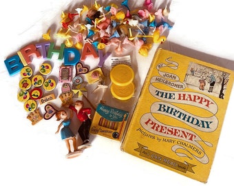 Assortment of Vintage Cake Toppers, Magnets, and Birthday Book,  Birthday Candles, Party Supplies for assemblage