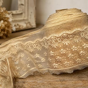 Antique Beige Embroidered Lace Ribbon Trim – Bridal Sewing Crafts 5.25” Wide