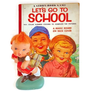 Vintage First Edition &quot;Let&#39;s Go to School&quot; Book plus Schoolgirl Figurine, Hummel Style, Children&#39;s Book Collector Gift