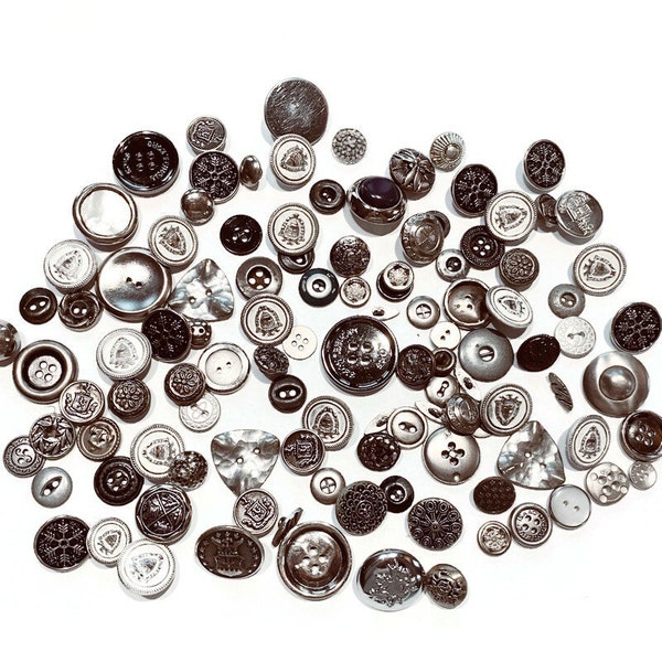 Over 100 Variety of Old Silver Metal Buttons some plain and some with unique designs, Mixed Assortment, Silver, Antique Silver tones