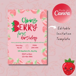 Faire-part premier anniversaire baies • Modèle de toile modifiable • Thème fraise • Téléchargement numérique • Invitation fête d'enfants