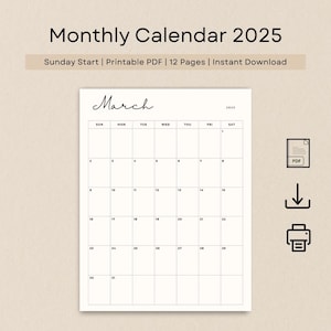 2025 Calendar 2025 Monthly Planner Vertical A4 Letter Size Wall Calendar Elegant Monthly Calendar Sunday Start 2025 Printable PDF