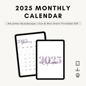 Calendario 2025 Calendario mensual 2025 Inicio domingo y lunes 2025 A4, tamaño carta, horizontal Calendario Groovy Calendario de pared PDF IMPRIMIBLE