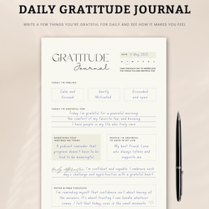 Diario de gratitud (PDF imprimible), diario de atención plena, planificador de autocuidado, plantilla de diario digital (A4, A5, carta), descarga instantánea.