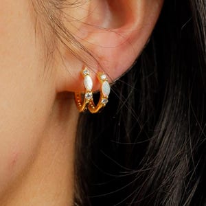 Huggie Earrings - Gold Hoop Earrings -  Minimalist Earrings - 925 Sterling Silver Minimalist Opal Hoop Earrings • Everyday Hoops