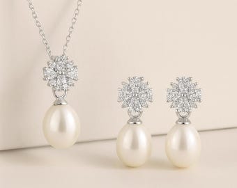 Pearl Bridal Jewelry Set: Sterling Silver Necklace and Earrings