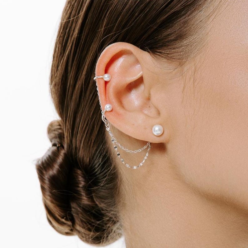 Ear Accessory With Chain Pearl Chain Ear Cuff With Stud – 925 Sterling Silver Elegant Bridal Ear ...