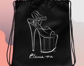 Pleaser Pole Dance Shoe Graphic Print Large Drawstring Bag Black, Pole Dancer Gift, Pole Dancer Art, Pole Dance Bag