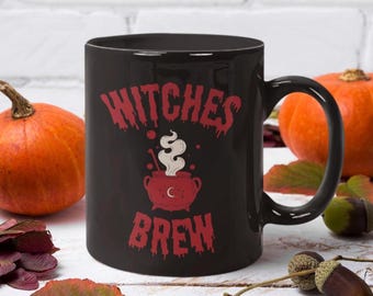 Witches Brew Halloween Mug: 11oz Black Ceramic