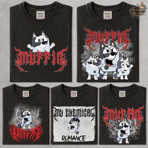 Camiseta Muffin Emotions, Camiseta Bluey Muffin Metal, Camiseta Bluey Friends, Camiseta Muffin Combinando, Camiseta Bluey Personagens do Filme, Camiseta Blue Dog