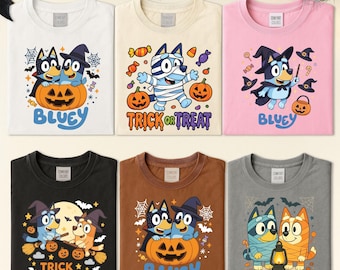 Trick or Treat Shirt, Bluey Characters Shirt, Bluey Halloween Shirt, Family Matching Shirt, Blue Dog Halloween Shirt, Spooky Season Shirt