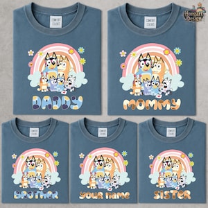 Camiseta de cumpleaños personalizada de Bluey, camiseta familiar de Bluey, camiseta de cumpleaños de Bluey, camiseta familiar a juego, camiseta personalizada, camiseta de bingo de Bluey