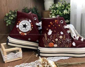 Ghost And Pumpkin Embroidered Converse, Spooky Autumn Floral Sneakers, Fall Leaves Canvas Shoes, Custom Halloween Shoes, Converse High Top