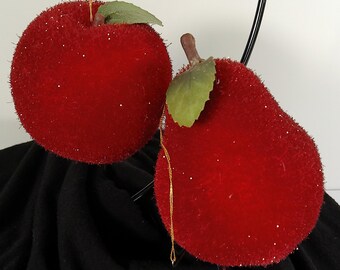 Vintage Pier 1  Shimmery Fabric Apple and pear velvet like burgundy ornaments 3.5"