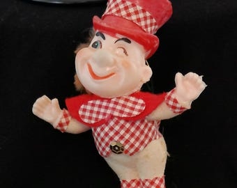 Vintage Plastic Flocked Mad Hatter figurine Christmas Ornament from the 1950s