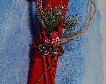 Vintage Red Felt Skis Ornament Skiing sports winter pinecone 6"