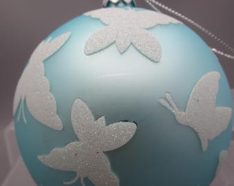 Vintage Pier 1 Light Aqua Blue Glass Ball with White Glitter Butterflies Ornament 3.5"