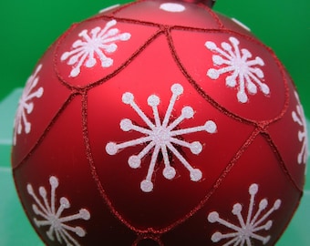 Vintage European Hand Painted Glass 4" ornament.  Red with White Snowflakes and Polka Dots