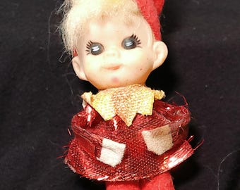 Vintage Pixie Elf Ornament with hair felt rubber face Japan Grannycore