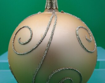 Vintage Pier 1 Romania Gold ball with Gold Glitter Swirls  4" glass ornament