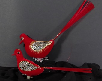 Vintage Christmas Red Bird Clip-on Ornaments: Flocked Cardinals, Japan