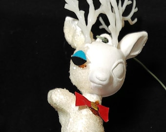 Vintage Sugared Mica Glitter Plastic Dancing Reindeer Christmas Ornament Hong Kong