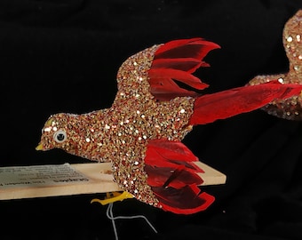 Small Red Glitter Vintage Birds for ornaments, florals, etc. wired