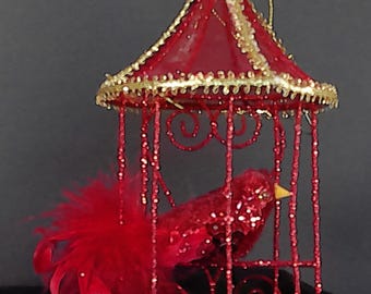 Vintage Christmas Red Gold Birdcage with red bird Ornament