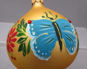 Vintage Pier 1  European Glass Teardrop Gold Floral and Blue Butterfly Ornament