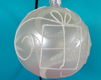 Vintage Pier 1 Frosted Glass Ornament, White Glitter Gift Ball