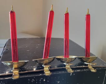 Adorno navideño vintage de vidrio soplado italiano con pinza para velas, rojo y latón, juego de 4