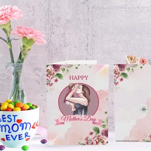 美しい母と子のアートワーク、愛を象徴する色とりどりの花が描かれた母の日カード、理想的な母の日のグリーティングギフト、カード