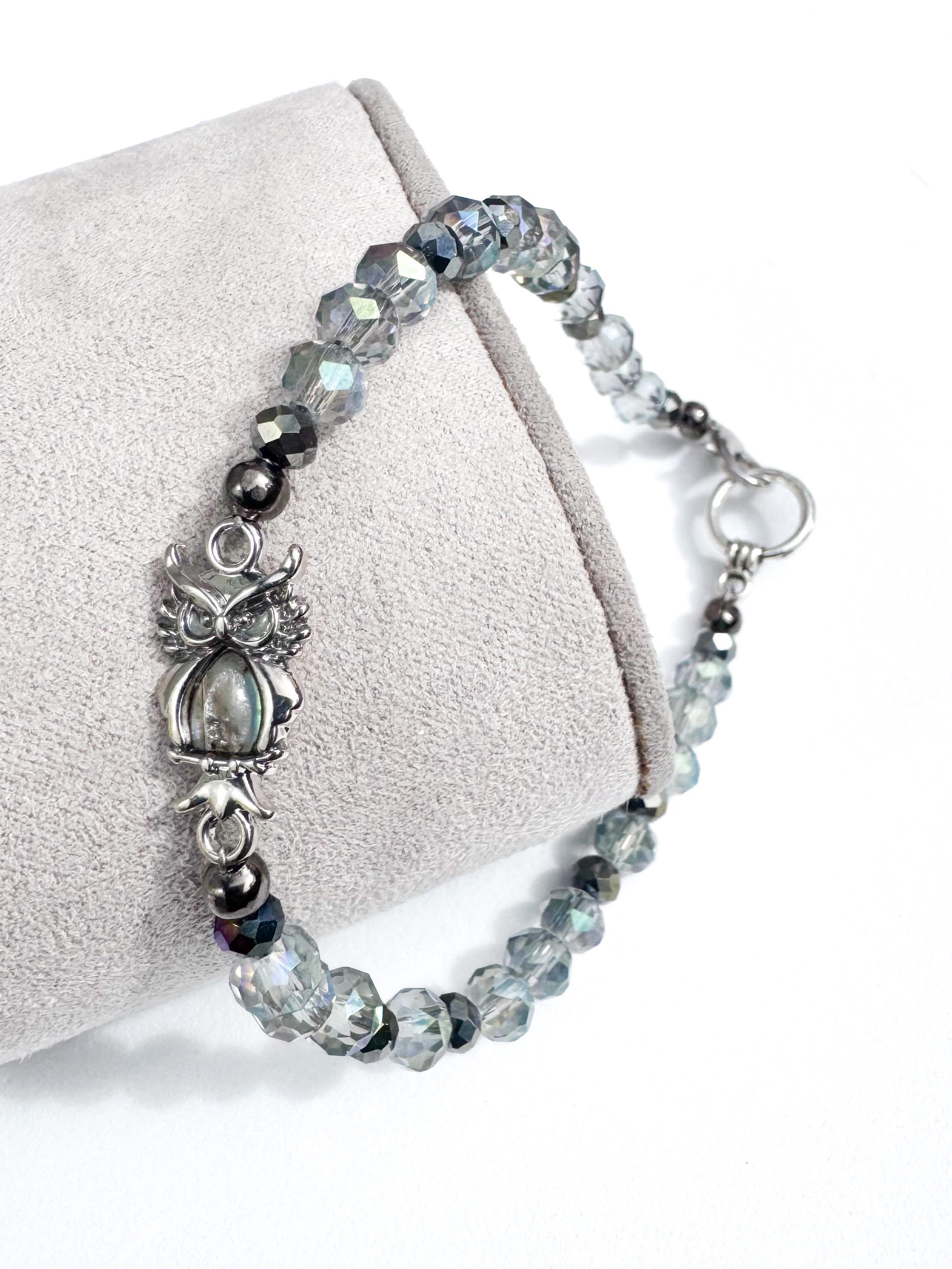 Silver Owl Beaded Bracelet | Silver White Crystal Bracelet | White Bracelet | Crystal Owl Bracelet |