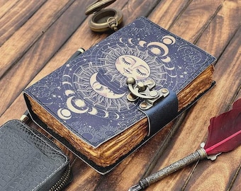 Diario de cuero Sol y Luna: Libro de hechizos vintage, grimorio, libro de las sombras
