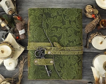 Handmade Green Floral Leather Journal: Vintage Deckle Edge Paper, Antique Key