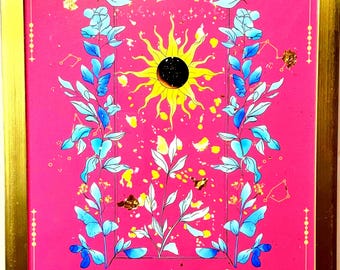 Die Sonne Tarot Karte gerahmte Kunst | Goldflocken-himmlischer Druck