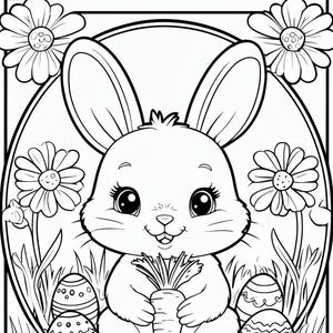 Puede incluir: Ilustración en blanco y negro de un conejito sosteniendo una zanahoria, rodeado de huevos de Pascua, flores y hierba. Las palabras "HAPPY EASTER" están en la parte inferior. El conejito tiene ojos grandes y orejas largas, y la imagen es de estilo caricatura.