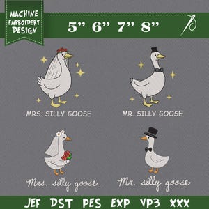 Pode incluir: Um design de bordado à máquina com quatro ilustrações de gansos brancos em fundo cinza. Dois gansos usam véus de noiva e dois usam cartolas e gravatas-borboleta. O texto inclui 5", 6", 7", 8", MRS. SILLY GOOSE, MR. SILLY GOOSE e formatos.