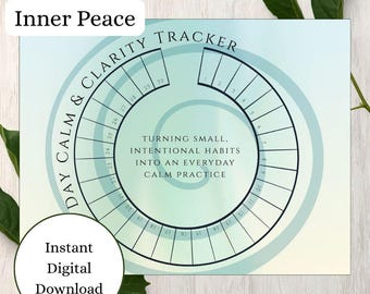 Könnte beinhalten: Ein digitaler, druckbarer Tages-Ruhe- und Klarheitstracker mit Spiraldesign. Der Text lautet "Flow with Inner Peace" und "Kleine, absichtliche Gewohnheiten in eine tägliche Ruhe-Praxis verwandeln".