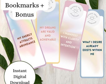 Printable Manifestation Bookmarks Set | 12 Manifestation Affirmation Bookmarks + 4 Blank | Positive Mindset Printable, Reading Accessory