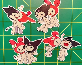 My Melody x Kuromi waterdichte vinylstickerset: kawaii goth pastel dierenstickers