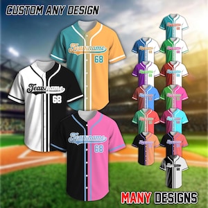 Puede incluir: Camisetas de béisbol en varias combinaciones de colores, incluyendo turquesa y naranja, blanco y negro, y negro y rosa. Cada camiseta presenta el texto "Teamname" y el número "68". La imagen también muestra el texto "CUSTOM ANY DESIGN" y "MANY DESIGNS".