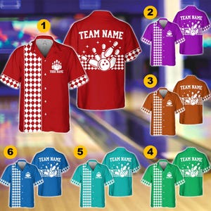 May include: A collection of bowling shirts in various colors, including red, purple, brown, green, blue, and teal. Each shirt features a bowling pin and ball design, with the words "TEAM NAME" and "YOUR NAME" on the front and back. The shirts have a checkered pattern.