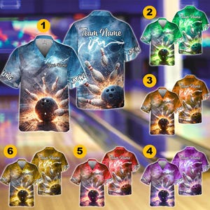 Puede incluir: Camisas con botones con temática de bolos en varios colores, cada una con un diseño de bola y bolos. Las camisas tienen cuello y mangas cortas. Los textos "Team Name", "Your Name", "BOWL" y "LING" son visibles.