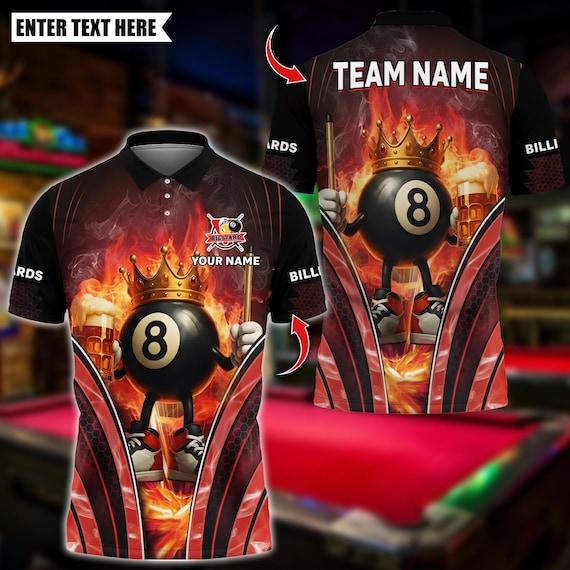 Personalized Name Billiards Polo Shirt, Flaming Crown 8 Ball With