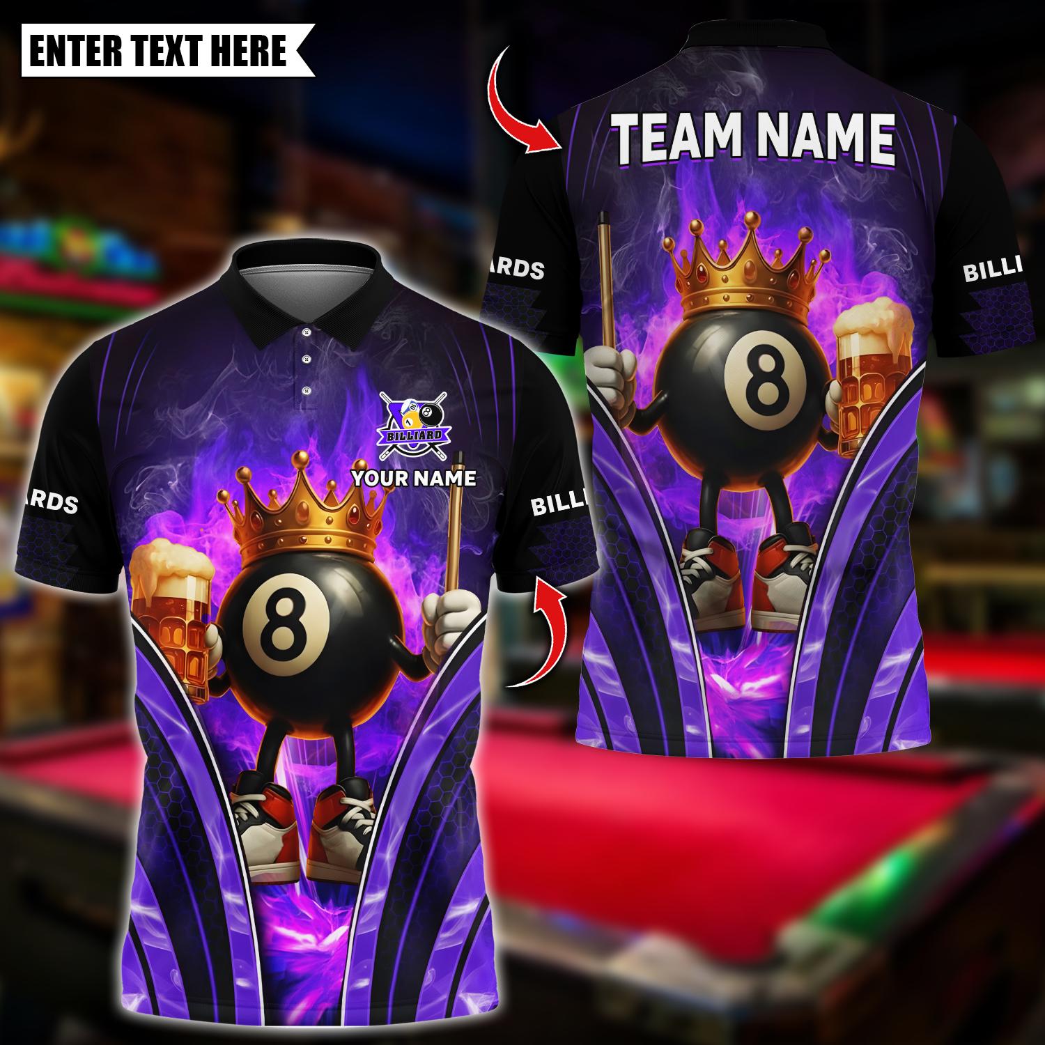 Personalized Name Billiards Polo Shirt, Flaming Crown 8 Ball With