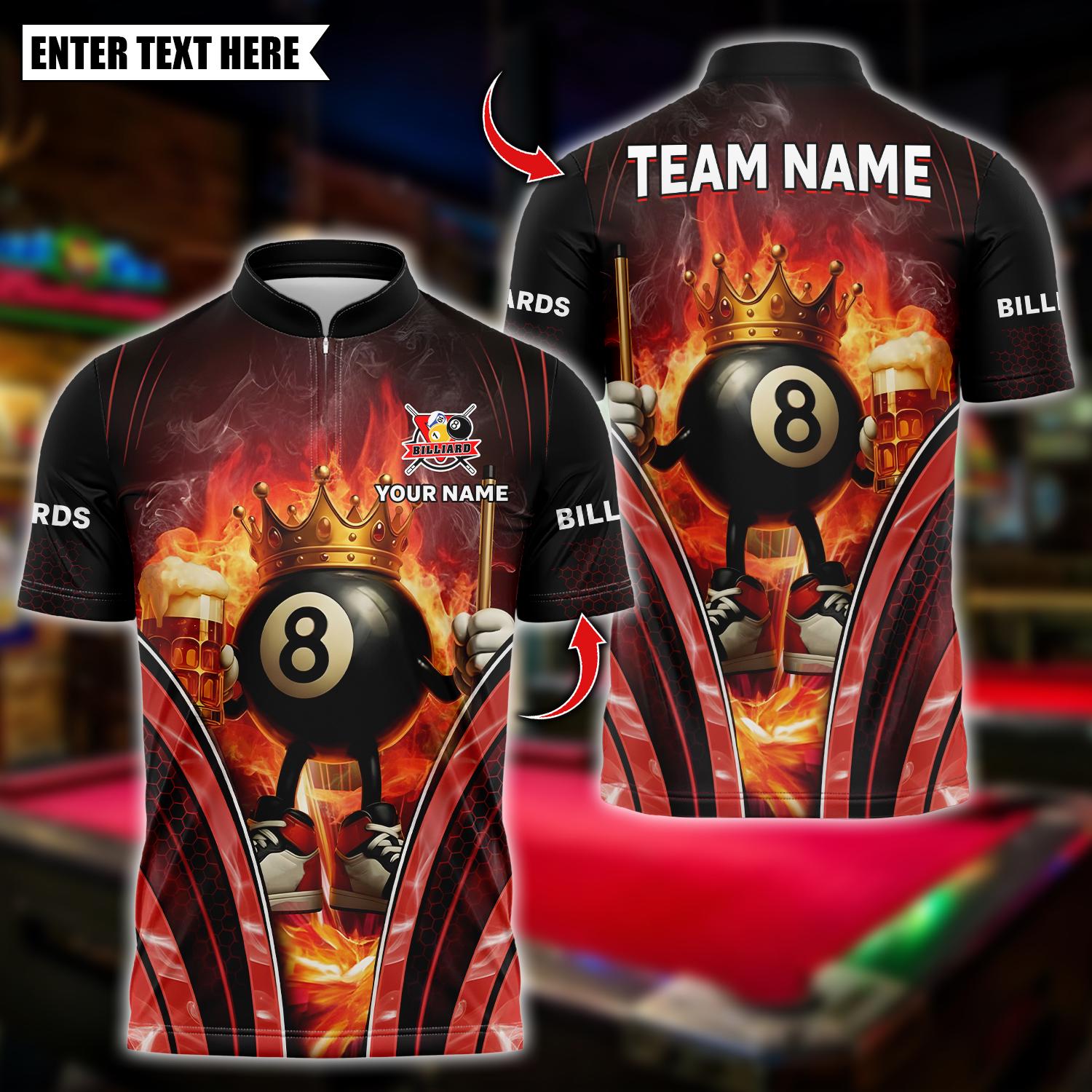 Personalized Name Billiards Polo Shirt, Flaming Crown 8 Ball With
