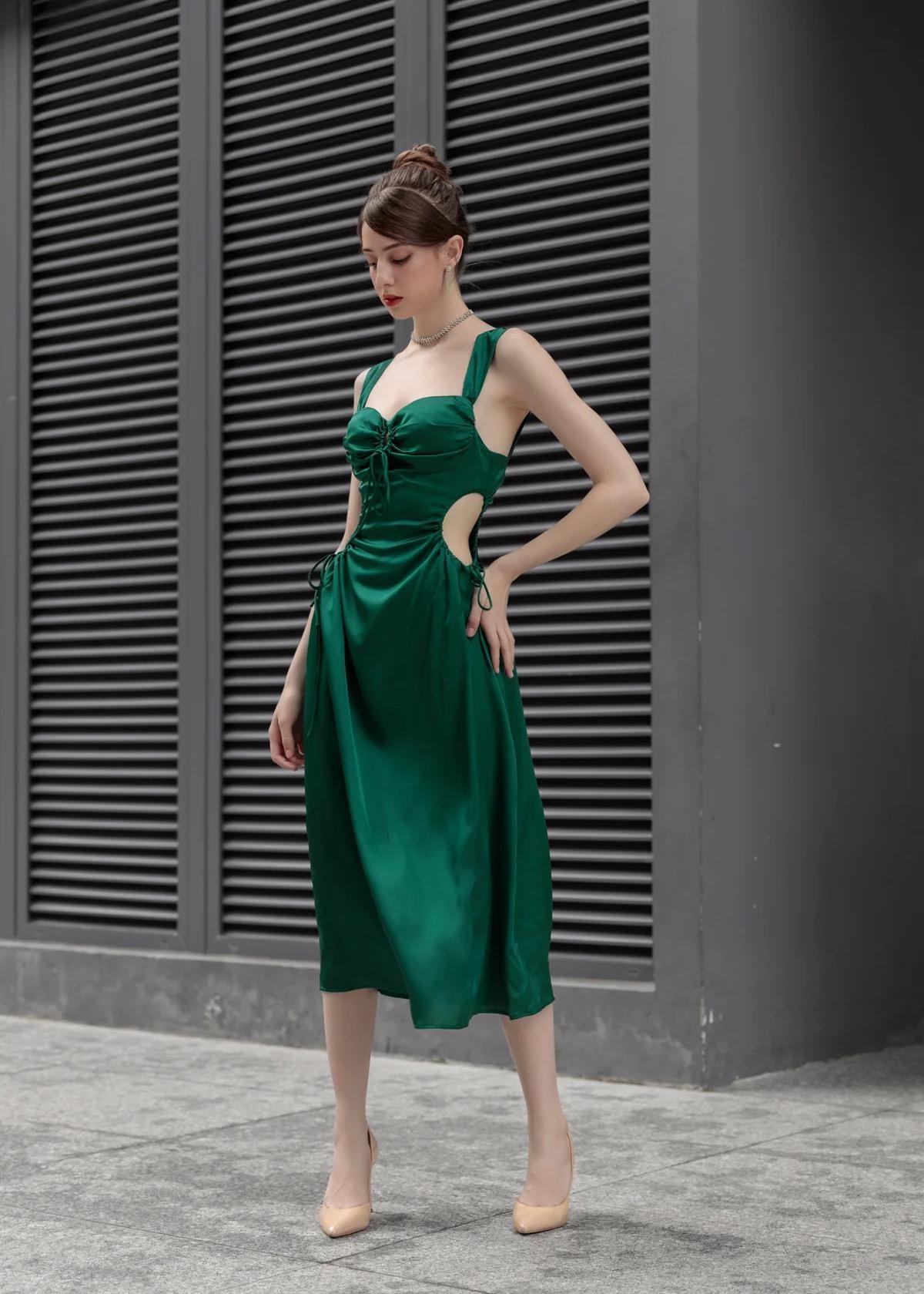 Emerald Green Silk Midi Dress: Adjustable Drawstring Satin Gown