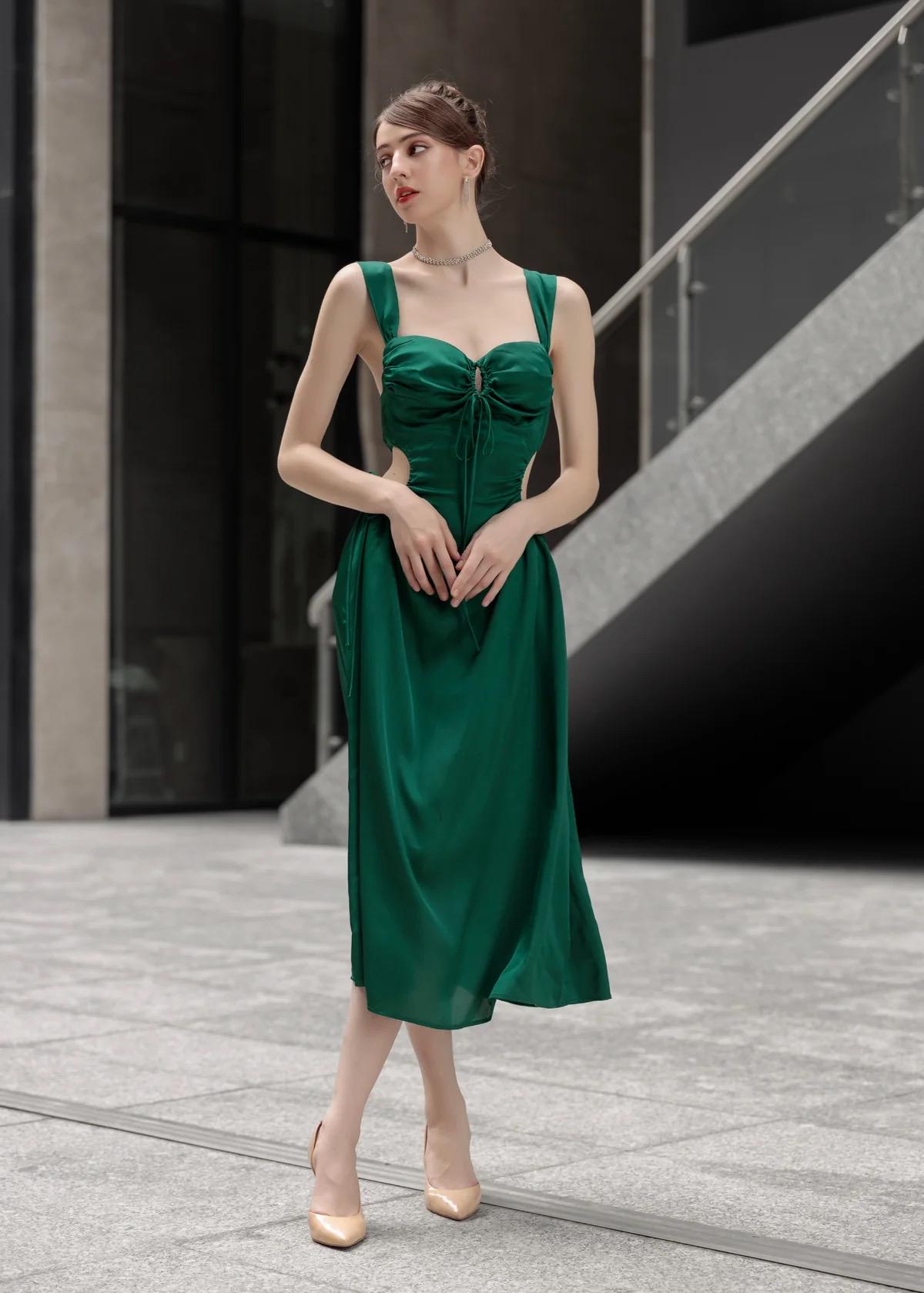 Emerald Green Silk Midi Dress: Adjustable Drawstring Satin Gown - Etsy UK
