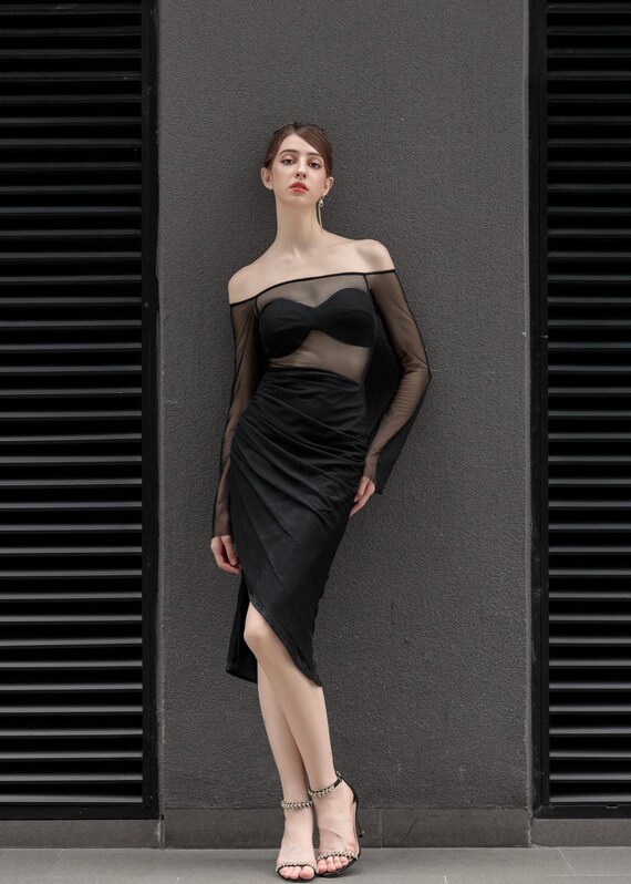 Black Sheer Cocktail Dress: Off-Shoulder Top, Satin Bra, High-Slit Skirt
